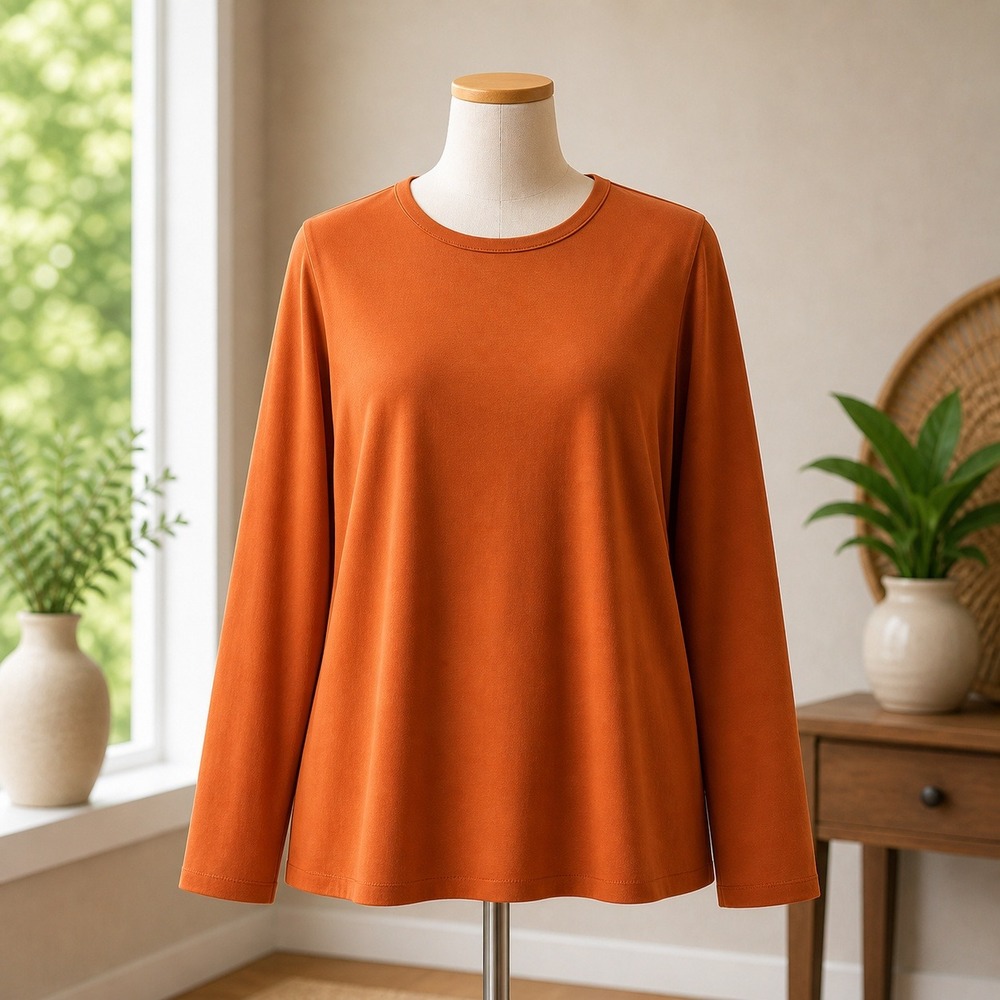 Denim & Co Essentials Womens Medium Burnt Orange Long Sleeve Crew Neck Top Tee
